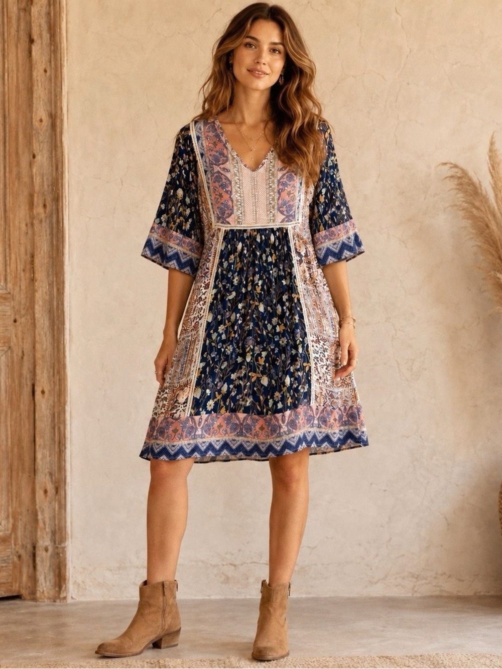 Sundance My Favorite Dress Patchwork Floral Tunic Dress Navy Coral S 6100